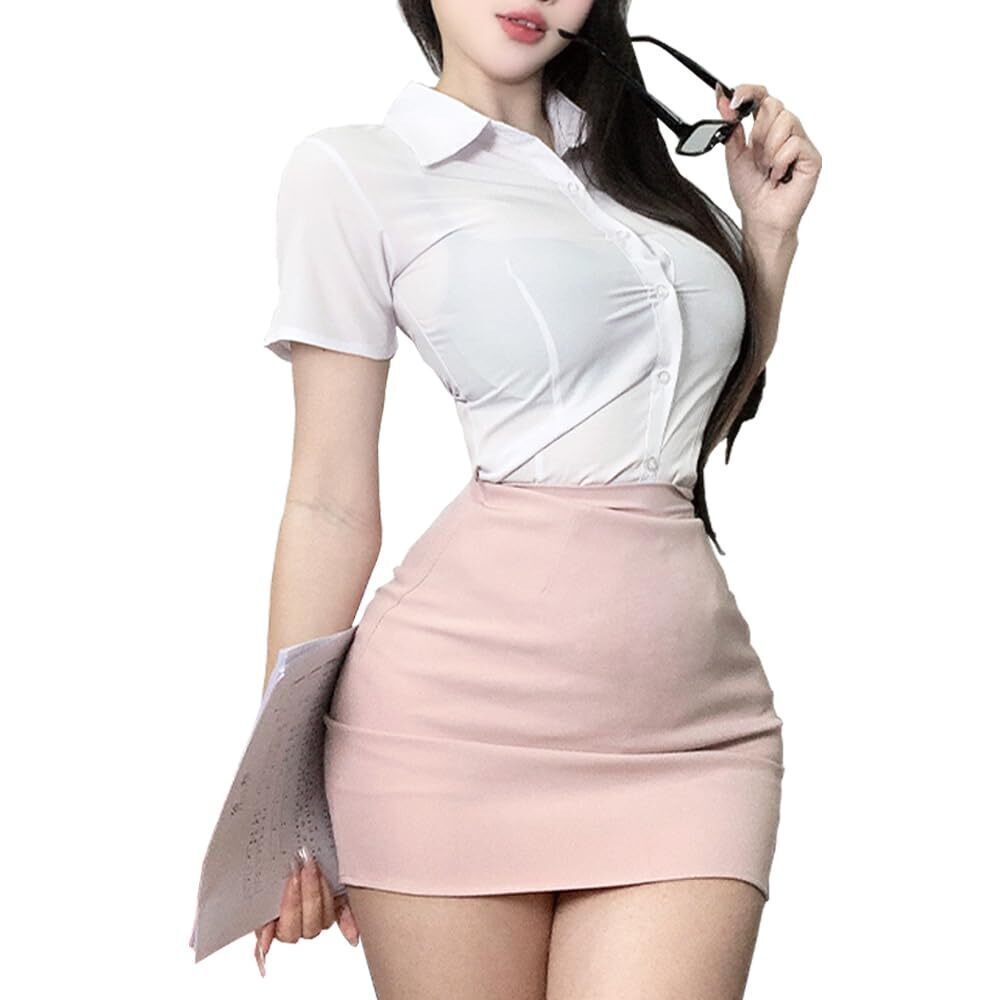 3590 Office Secretary Uniform White Shirt With Mini Skirt Teacher Outfit